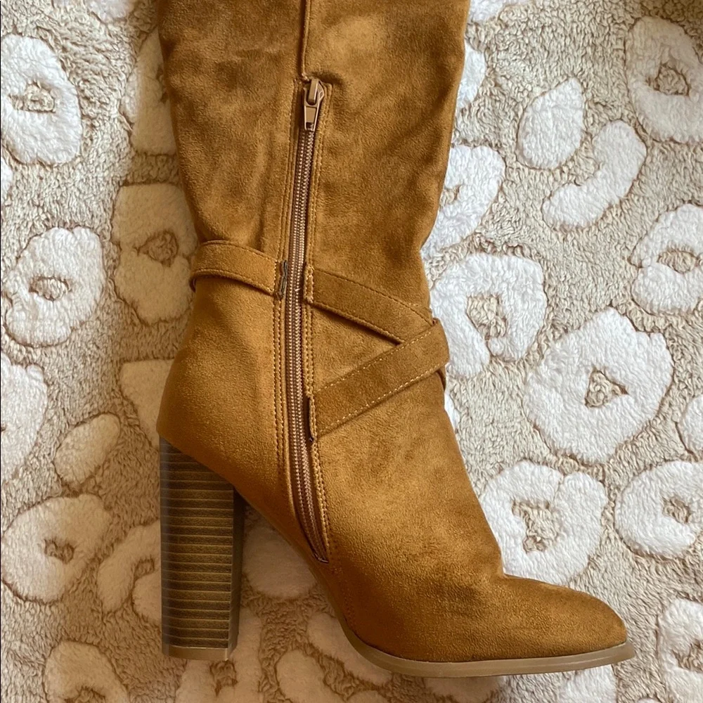 Women's Tall Tan Faux Suede Stacked Heel Boots